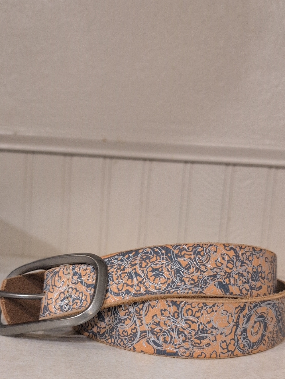 Floral Printed Leather Belt in Peach and Slate